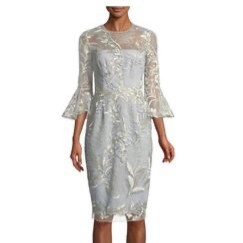 Cocktail Dress- ice blue and with silver embroidery with trumpet sleeves